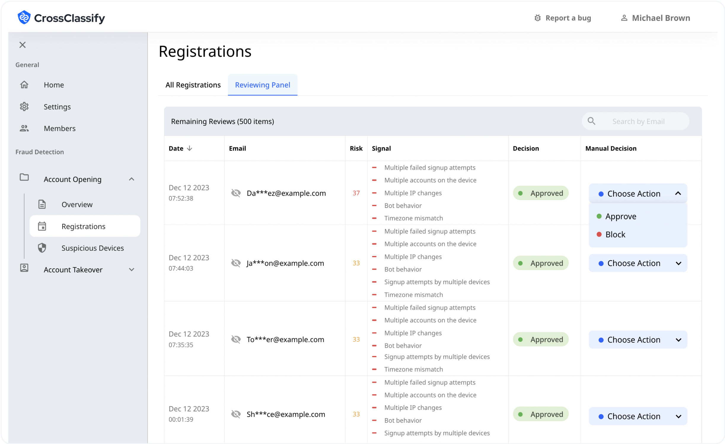 Reviewing User Registrations in the CrossClassify Portal