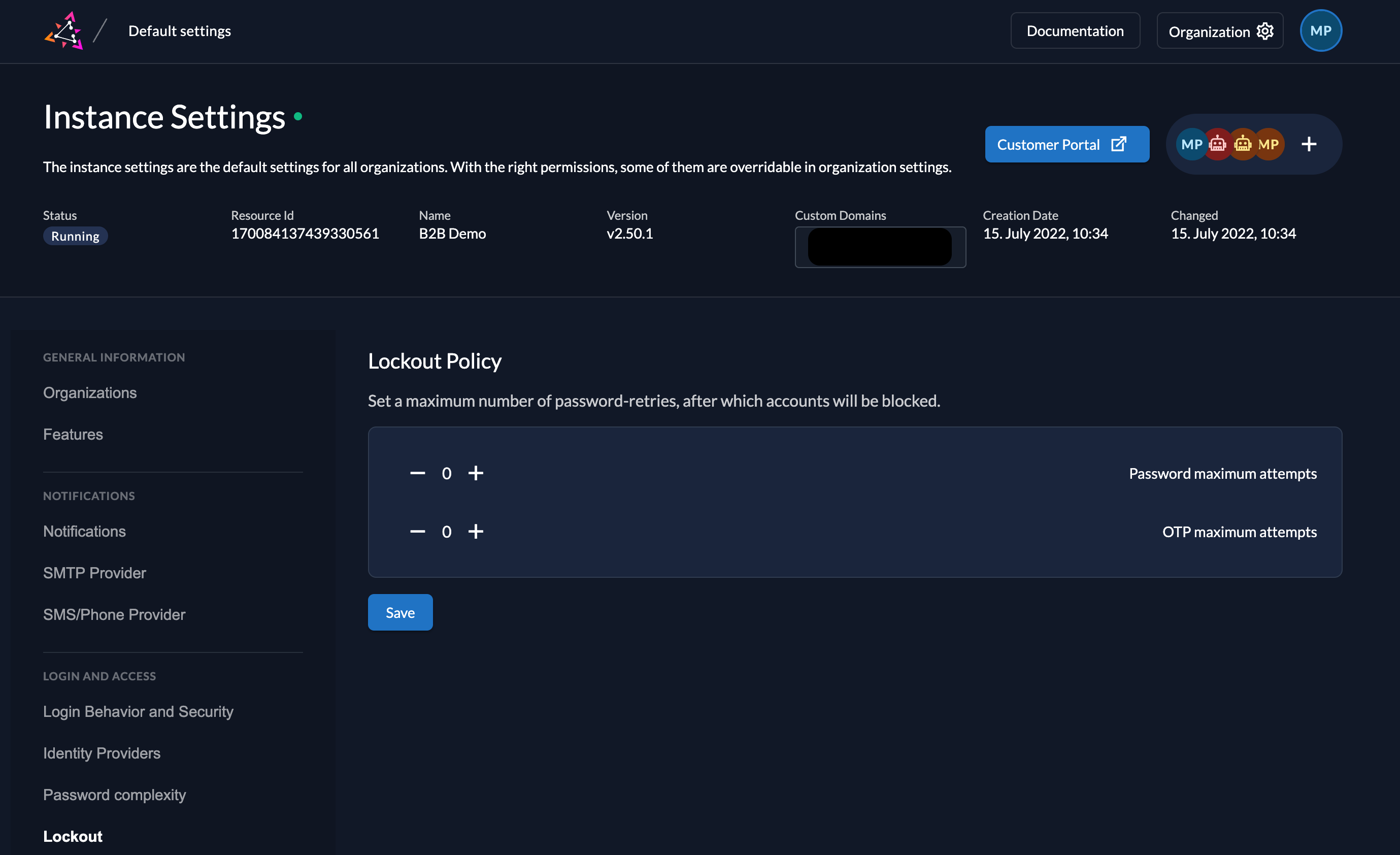 ZITADEL Console settings page for lockout policy